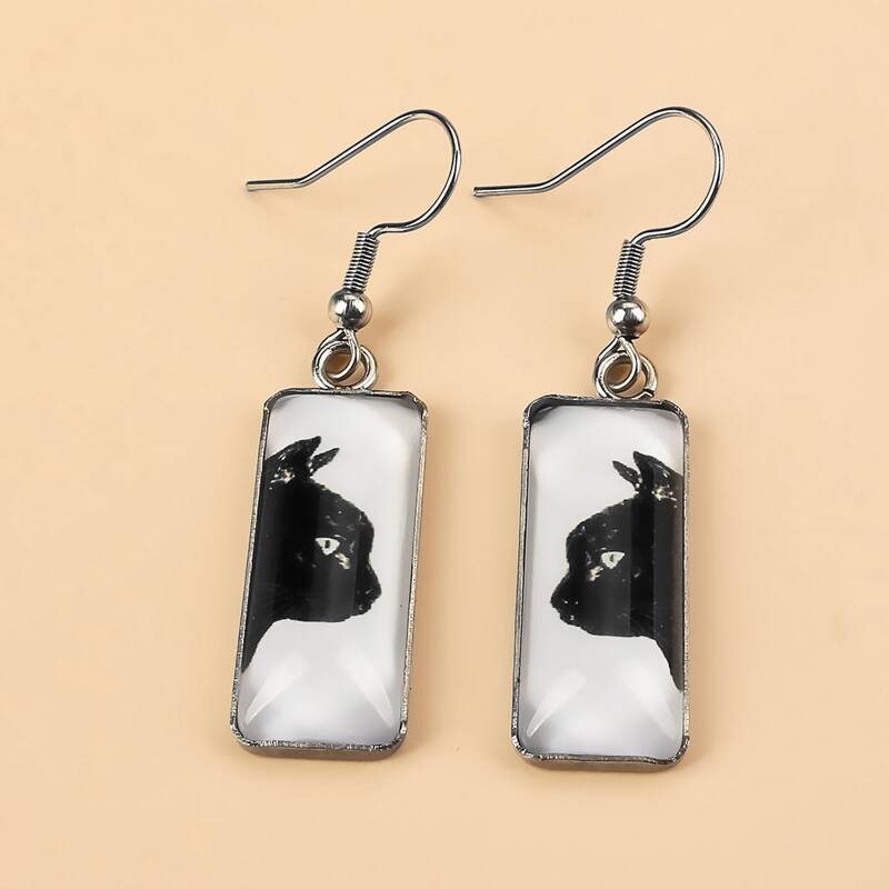 

Cat Pattern Drop Earrings, Black and white