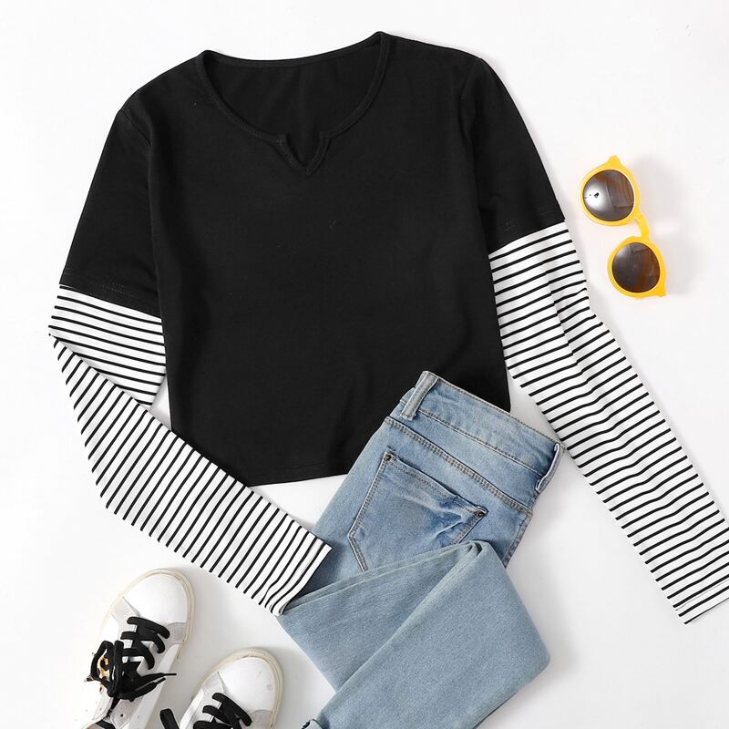 

Contrast Striped Sleeve Notched Crop Tee, Black and white