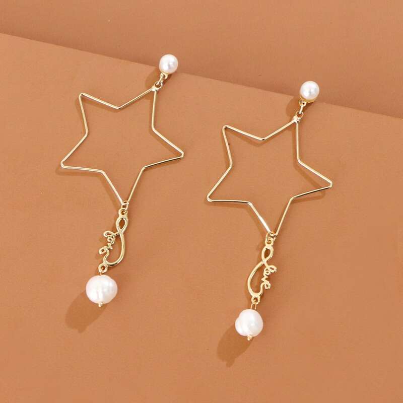 

Faux Pearl Pendant Hollow Star Earrings, Gold