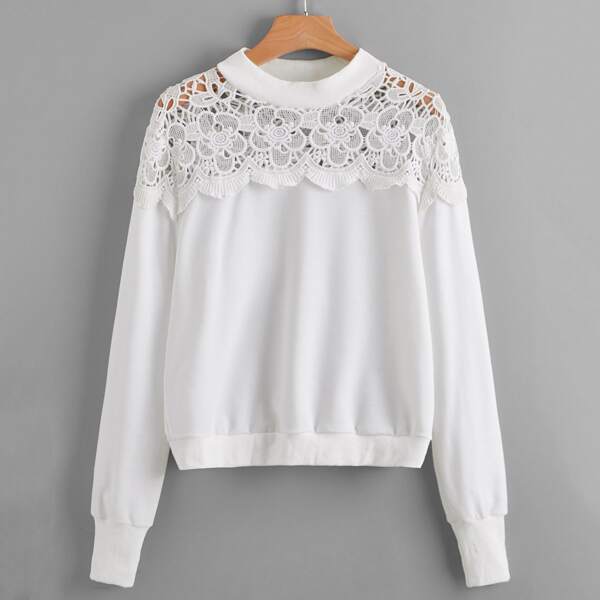 

Solid Guipure Lace Panel Sweatshirt, White