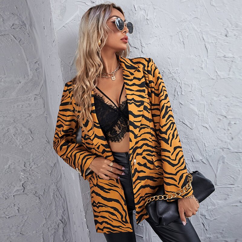 

Lapel Collar Zebra Stripe Single Button Blazer, Multicolor