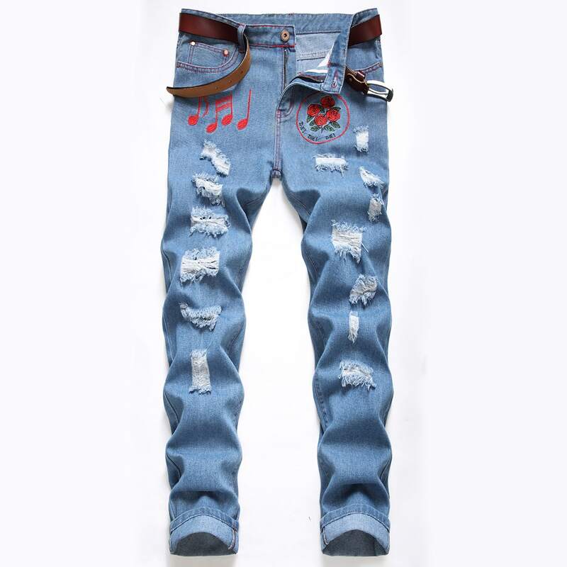 

Guys Letter Rose Embroidery Ripped Jeans, Medium wash