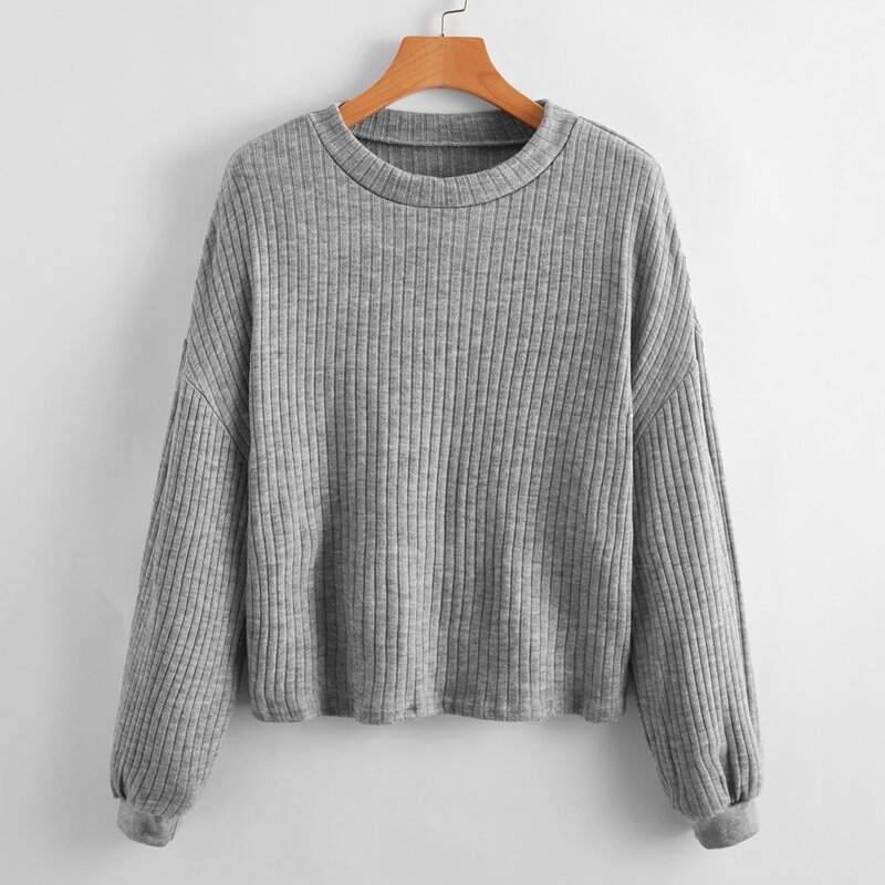 

Drop Shoulder Ribbed Knit Sweater, Grey
