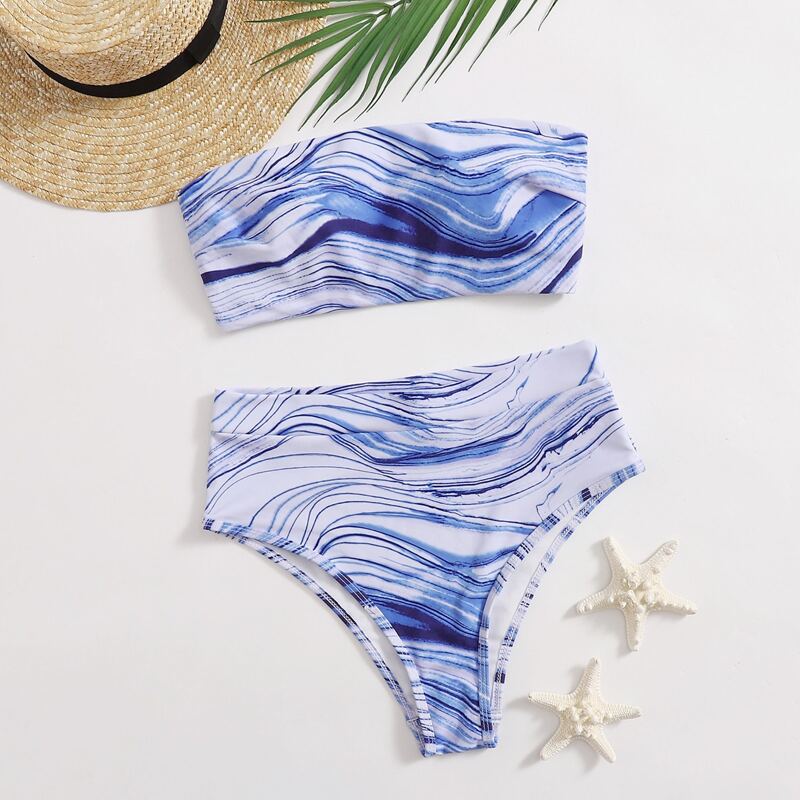 

Wave Print High Waist Bikini Swimsuit, Blue and white