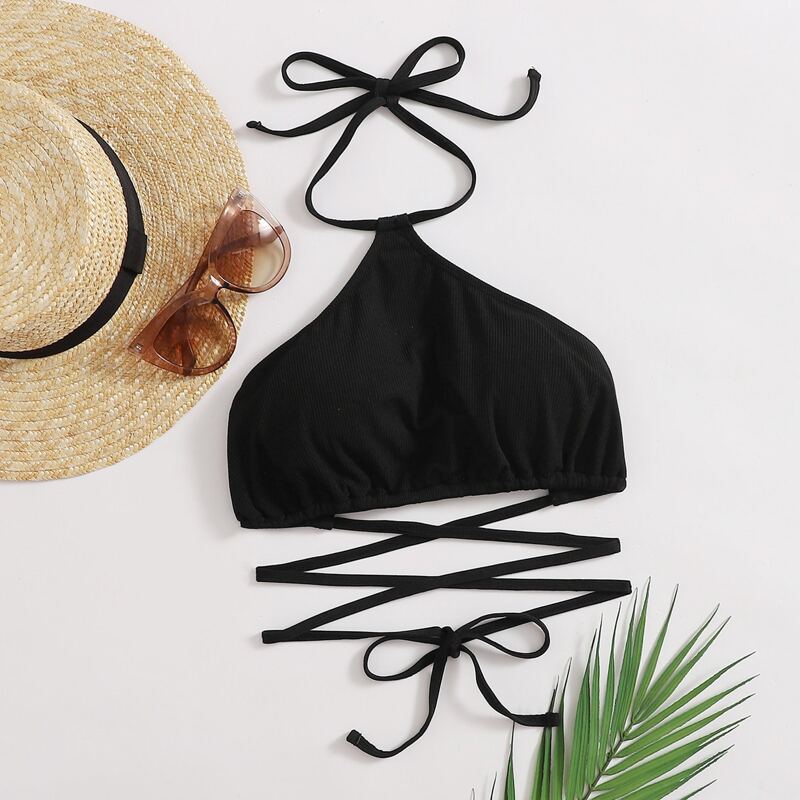 

Crisscross Detail Halter Bikini Top, Black