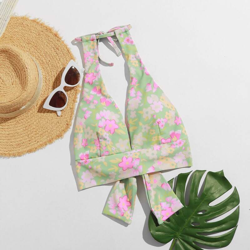 

Floral Bow Back Plunging Bikini Top, Multicolor