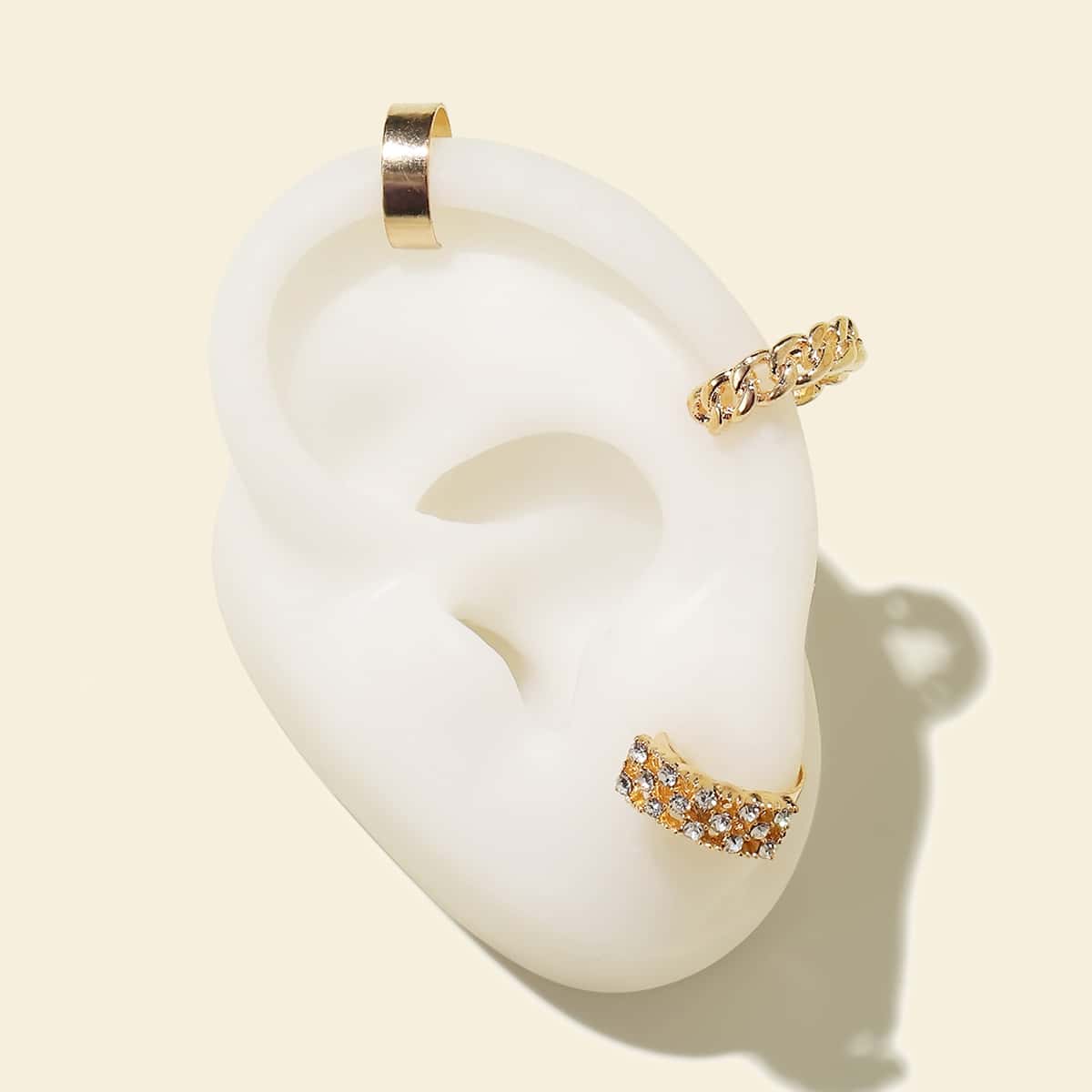 

3pcs Rhinestone Decor Ear Cuff, Gold
