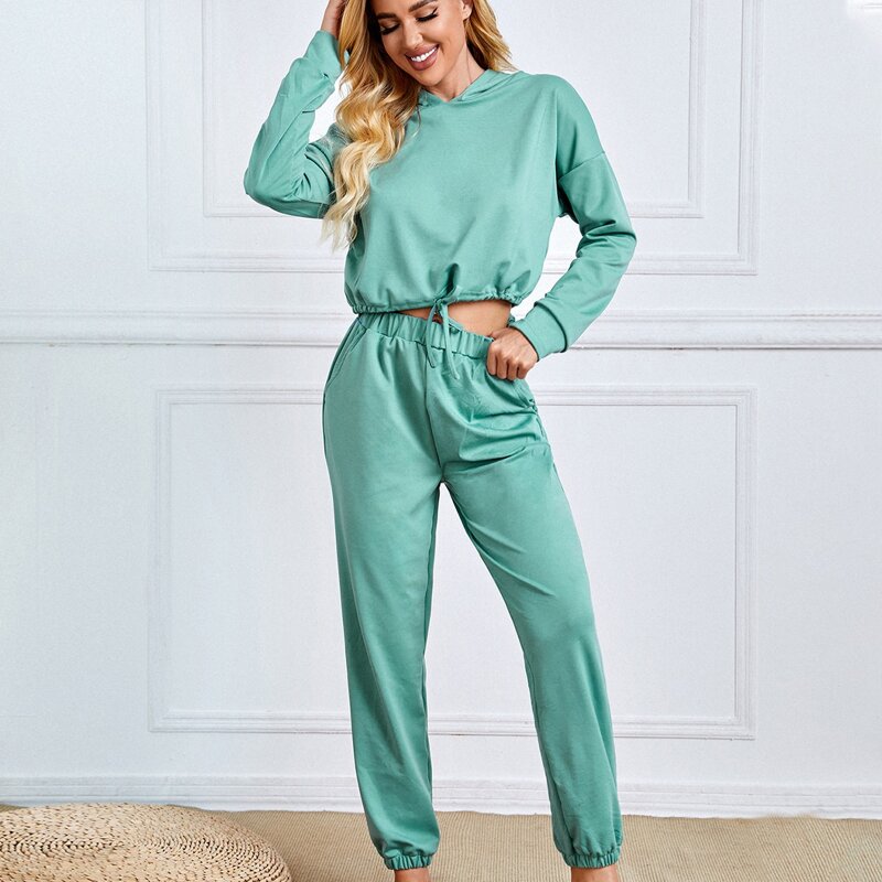 

Drawstring Hem Hoodie & Sweatpants Lounge Set, Mint green