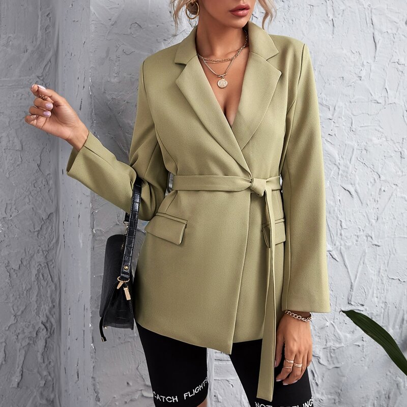 

Self Tie Lapel Neck Blazer, Khaki