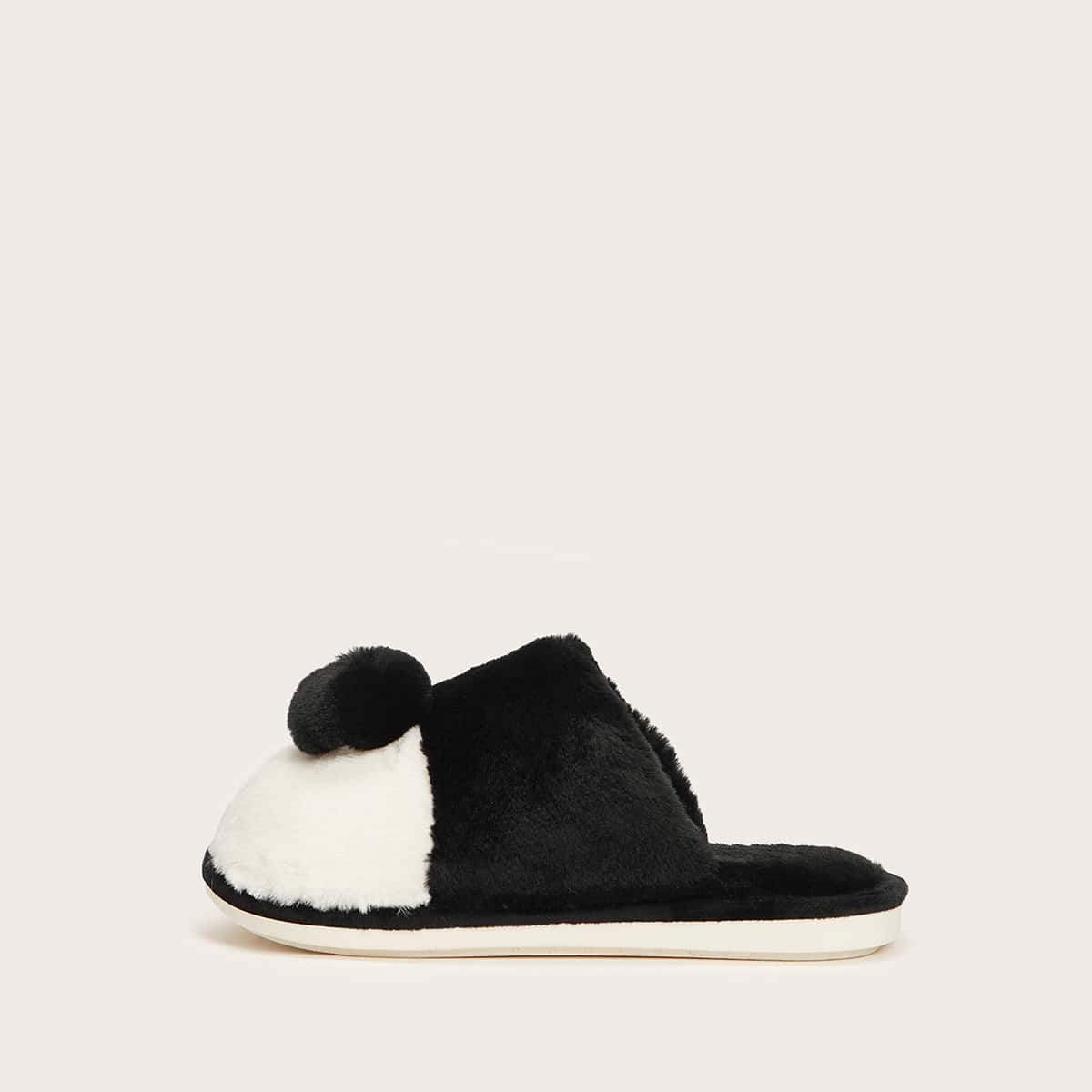 

Colorblock Pom Pom Fluffy Slippers, Black and white
