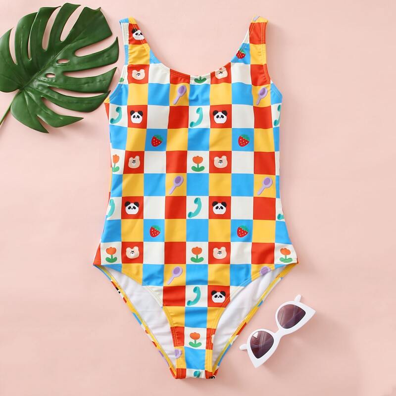 

Cartoon & Plaid Print One Piece Swimsuit, Multicolor