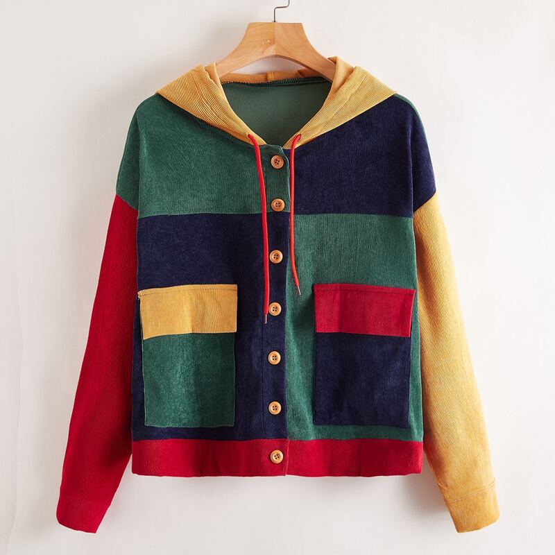 

Colorblock Corduroy Hooded Jacket, Multicolor