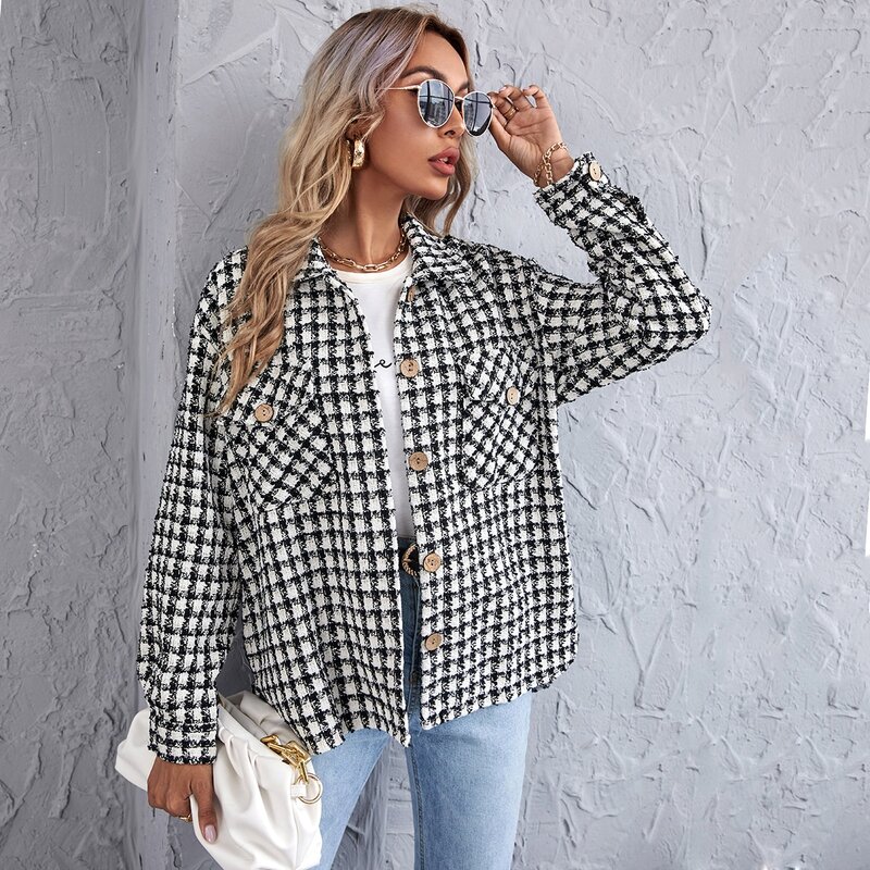 

Plaid Curved Hem Tweed Overshirt, Black and white