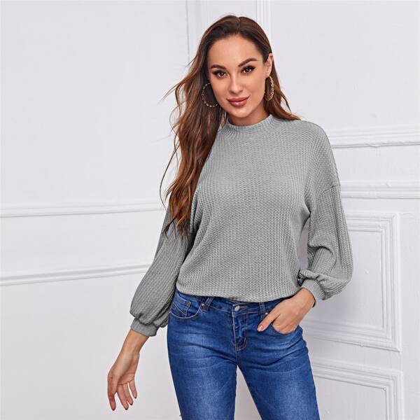 

Mock-Neck Drop Shoulder Textured knit Top, Grey