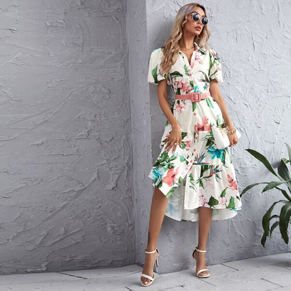 

Floral Print Puff Sleeve Ruffle Hem Belted Dress, Multicolor