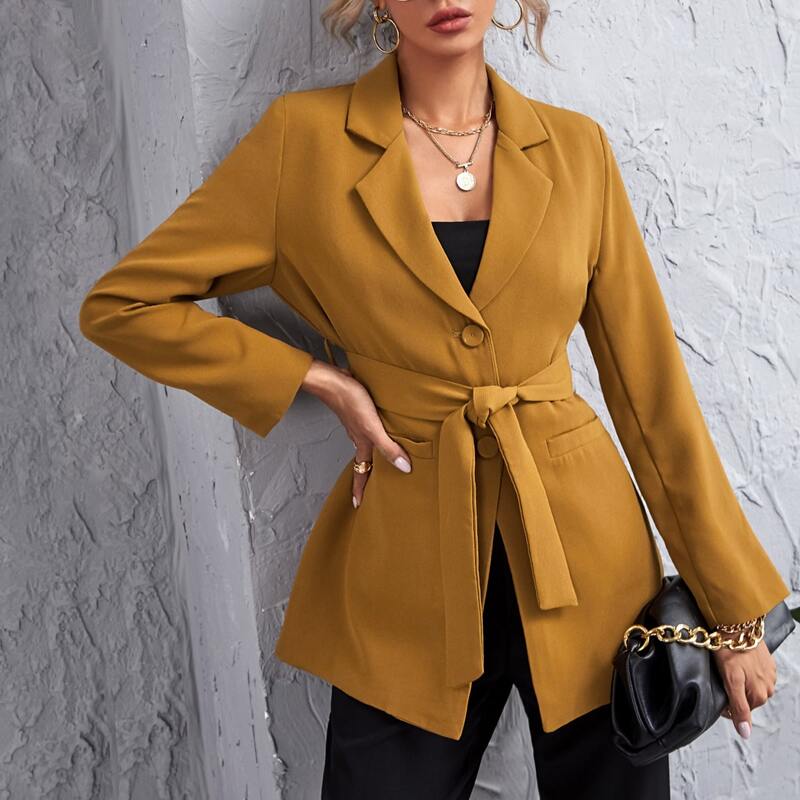 

Lapel Collar Self Tie Button Up Blazer, Mustard yellow