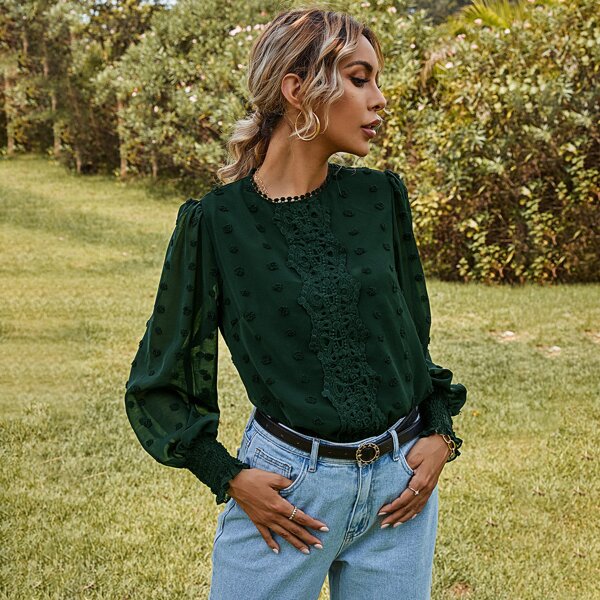 

Swiss Dot Contrast Lace Puff Sleeve Blouse, Dark green