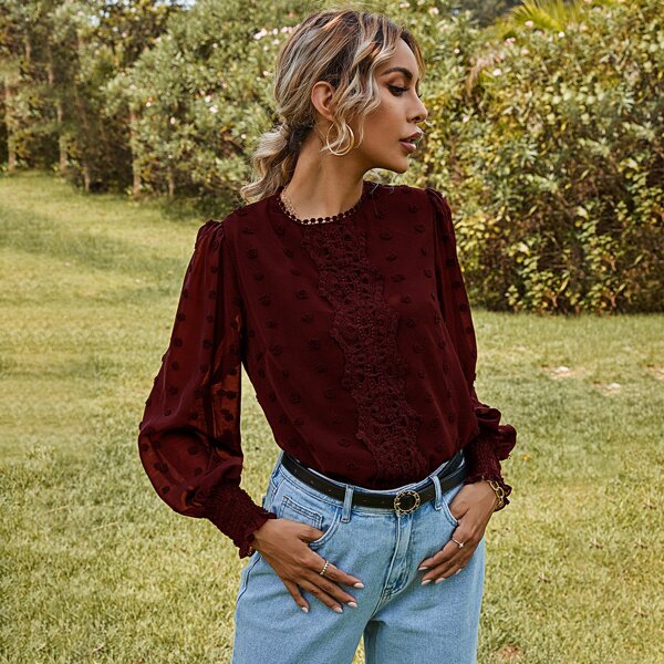 

Swiss Dot Contrast Lace Puff Sleeve Blouse, Maroon
