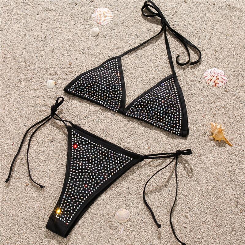 

Rhinestone Decor Triangle Thong Bikini Swimsuit, Black