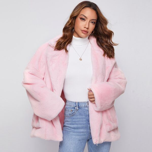 

Notched Collar Patch Pocket Fuzzy Coat, Baby pink