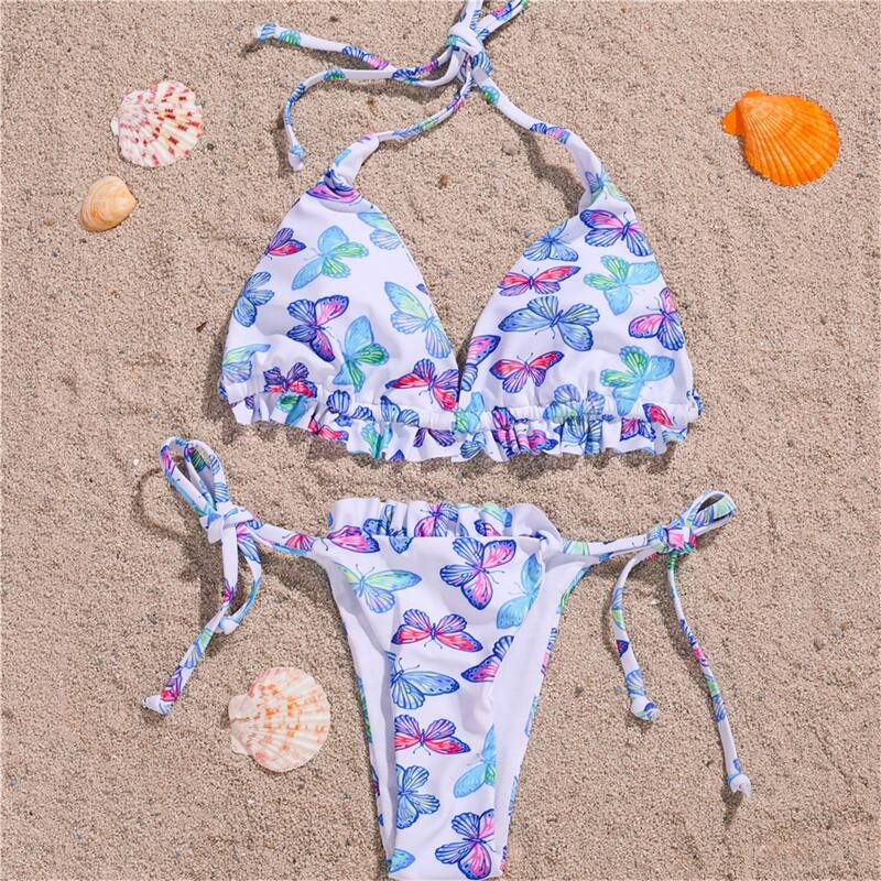

Butterfly Print Frill Trim Bikini Swimsuit, Multicolor