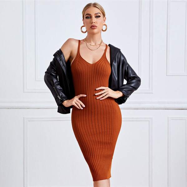 

Split Back Ribbed Knit Bodycon Sweater Dress, Rust brown