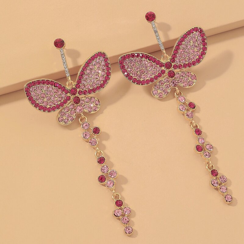 

Rhinestone Butterfly Drop Earrings, Pink