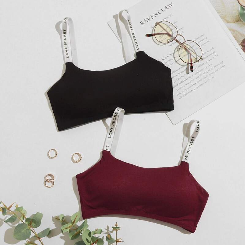 

2pack Letter Graphic Strap Bralette, Multicolor