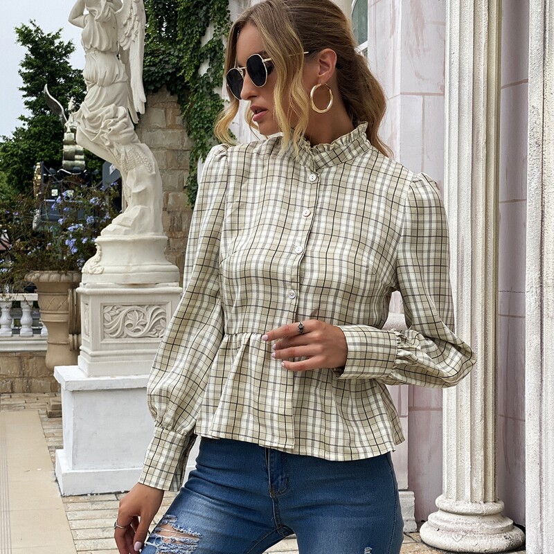 

Button Front Frill Trim Plaid Top, Multicolor