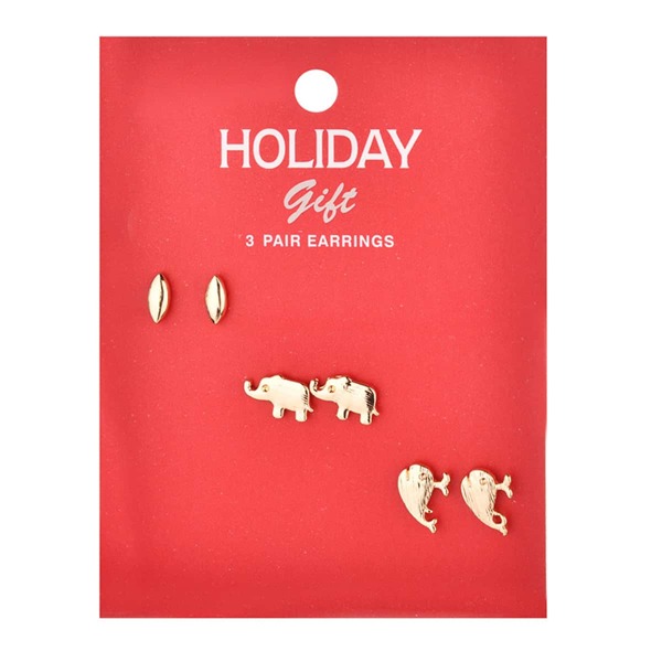 

3pairs Christmas Animal Design Stud Earrings, Gold