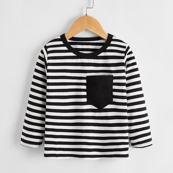 

Toddler Boys Striped Pocket Patched Tee, Black and white