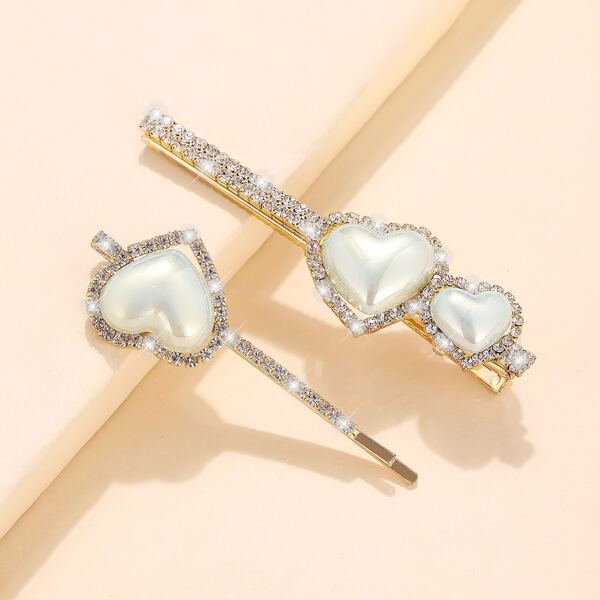 

2pcs Rhinestone Heart Decor Hair Clip, Multicolor