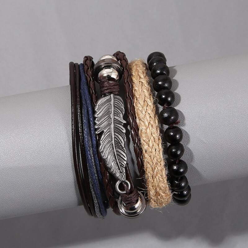 

4pcs Guys Metal Feather Decor Bracelet, Multicolor