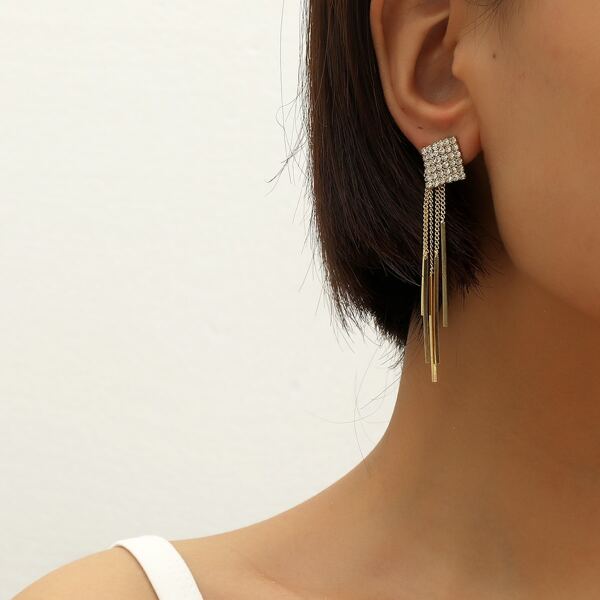 

Rhinestone & Metal Tassel Decor Drop Earrings, Gold