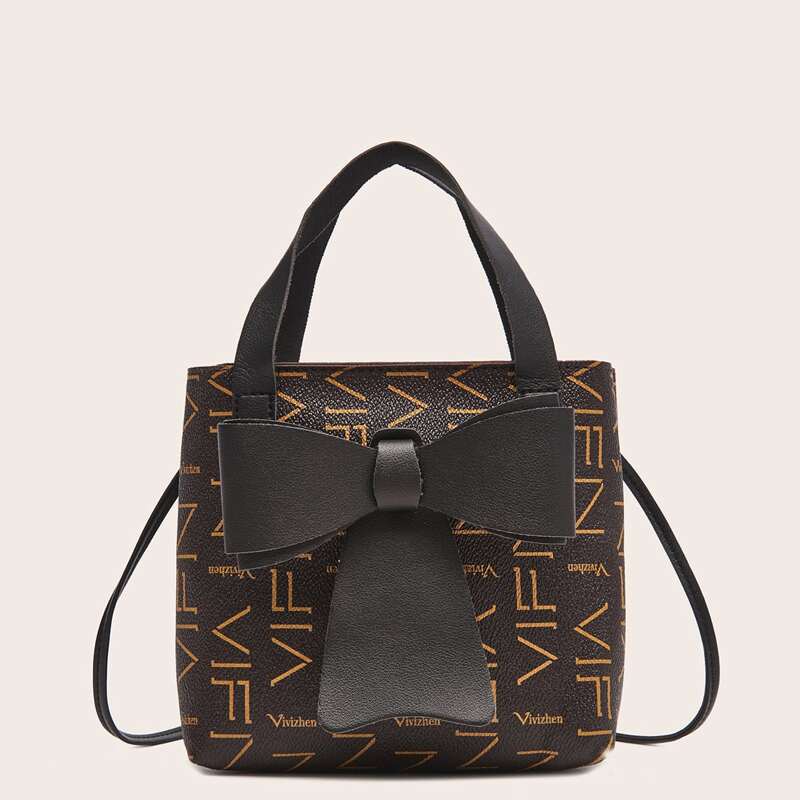 

Bow Decor Letter Graphic Satchel Bag, Black