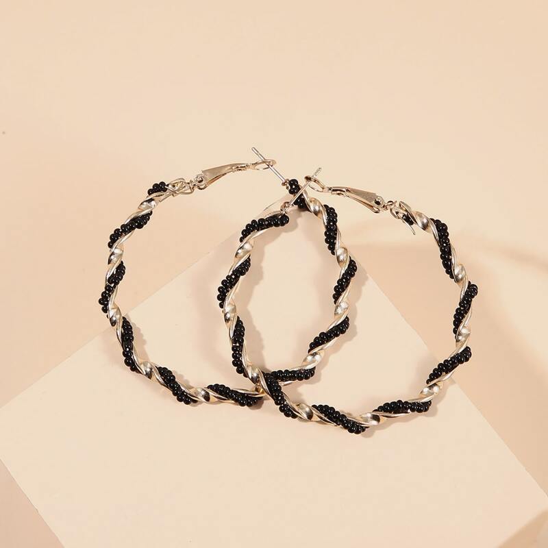 

Beaded Twist Hoop Earrings, Black