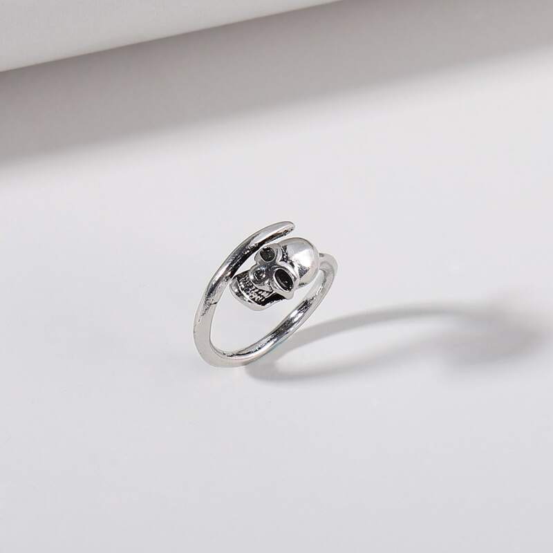 Guys Skull Decor Cuff Ring, Silver