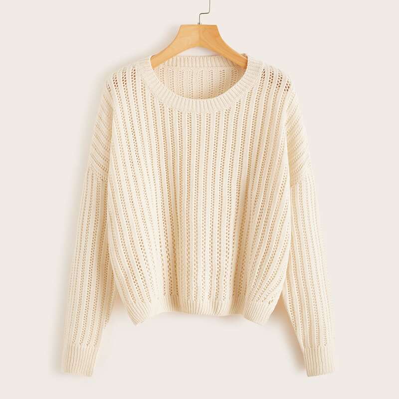 

Drop Shoulder Pointelle Knit Sweater, Beige