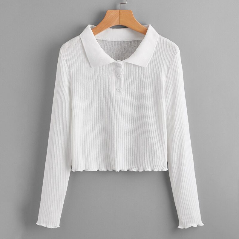 

Polo Neck Rib Knit Top, White