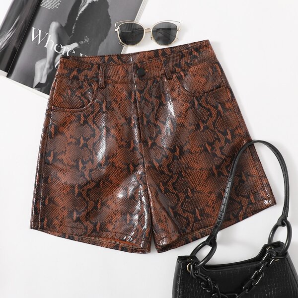 

Snakeskin Print PU Leather Shorts, Multicolor