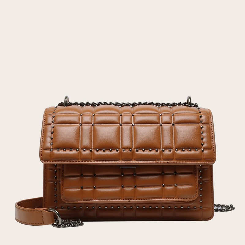 

Studded Decor Chain Crossbody Bag, Brown