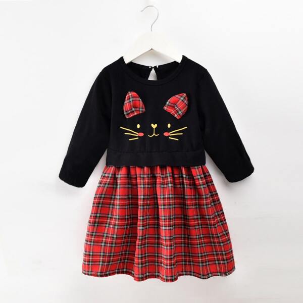 

Toddler Girls Cartoon Cat Print Tartan Plaid Smock Dress, Multicolor