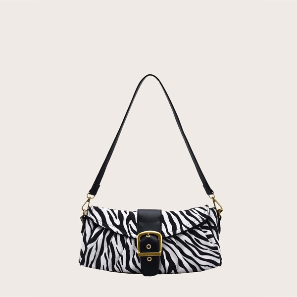 

Buckle Decor Zebra Striped Shoulder Bag, Black and white