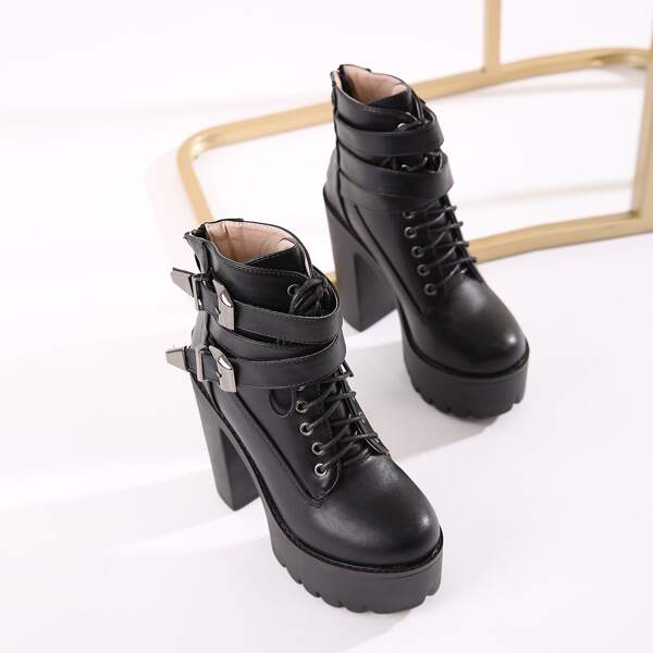 

Buckle Decor Platform Chunky Heeled Boots, Black