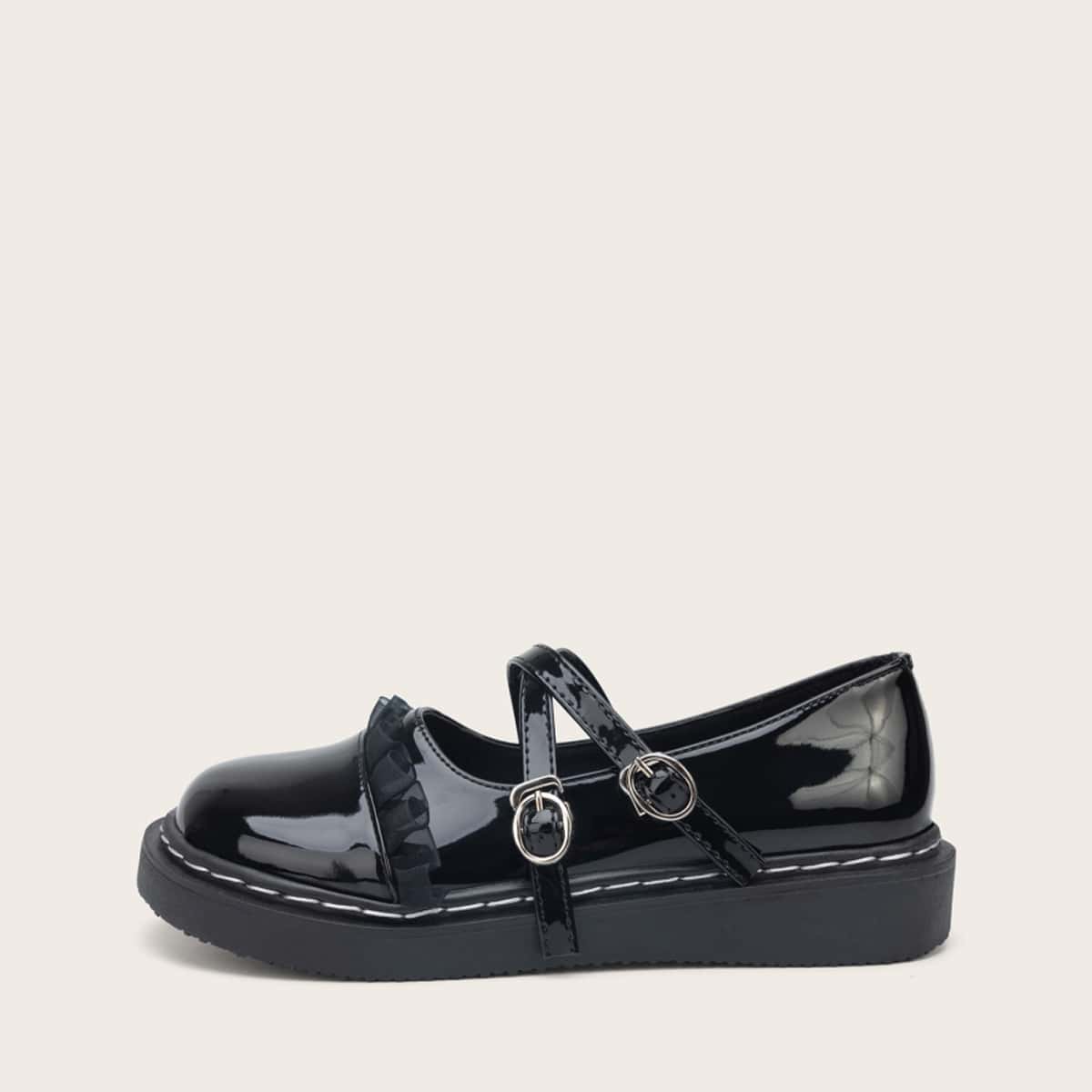 

Ruffle Decor Cross Strap Flats, Black
