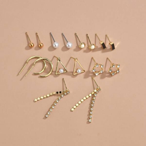 

8pairs Rhinestone Decor Earrings, Gold