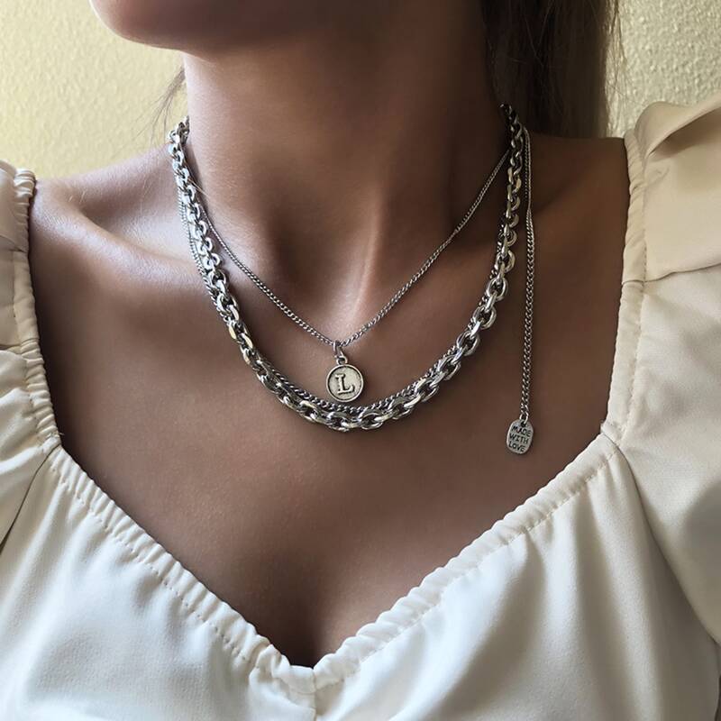 

Letter Design Round Charm Layered Necklace, Silver