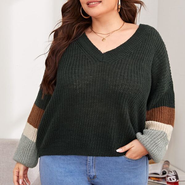 

Plus V-neck Color-block Drop Shoulder Sweater, Black