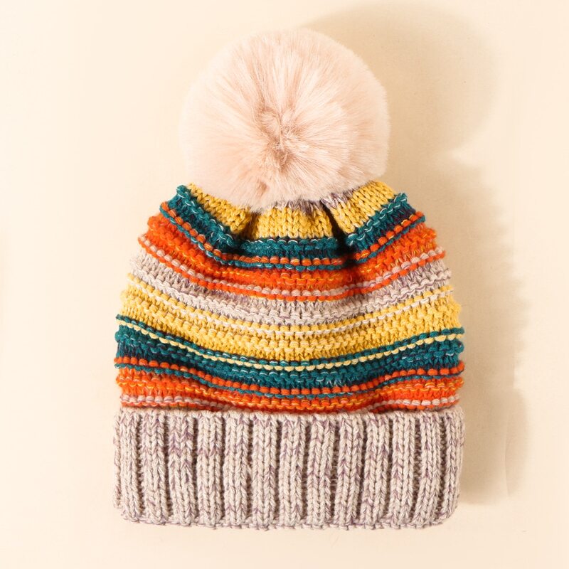 

Pom-pom Decor Colorblock Beanie, Multicolor