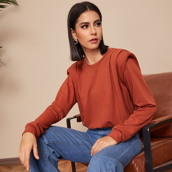 

Solid Shoulder Pad Plicated Oversized Sweatshirt, Burnt orange